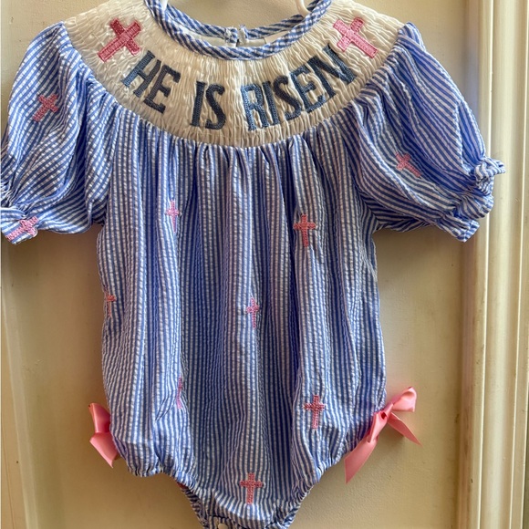 New Smocked He Is Risen Easter Bubble Romper - Picture 4 of 10